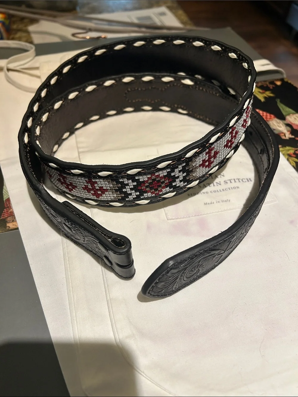 3D Sz 40 Black Leather Cross-Stitch Belt with Red and White Beaded Pattern